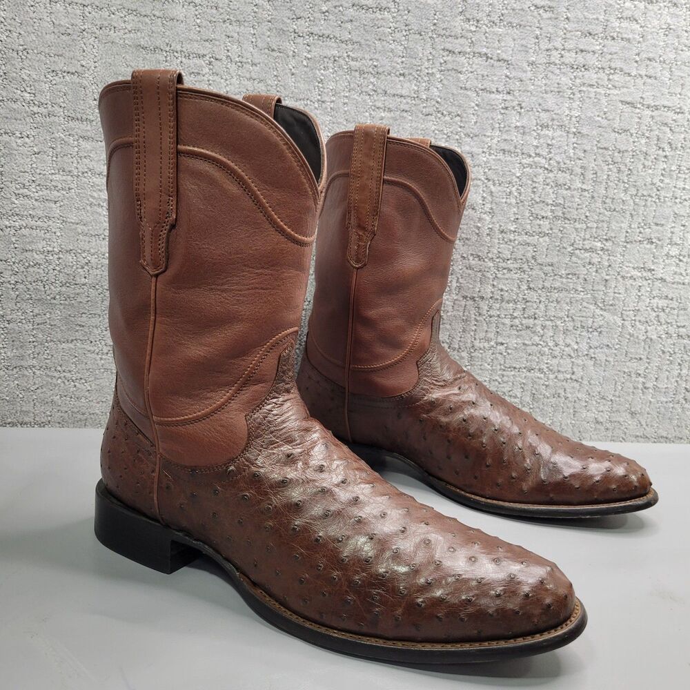 Tecovas The Earl Mens Size US 13D Hazelnut Ostrich Leather Pull-On Roper Boots - Picture 3 of 13